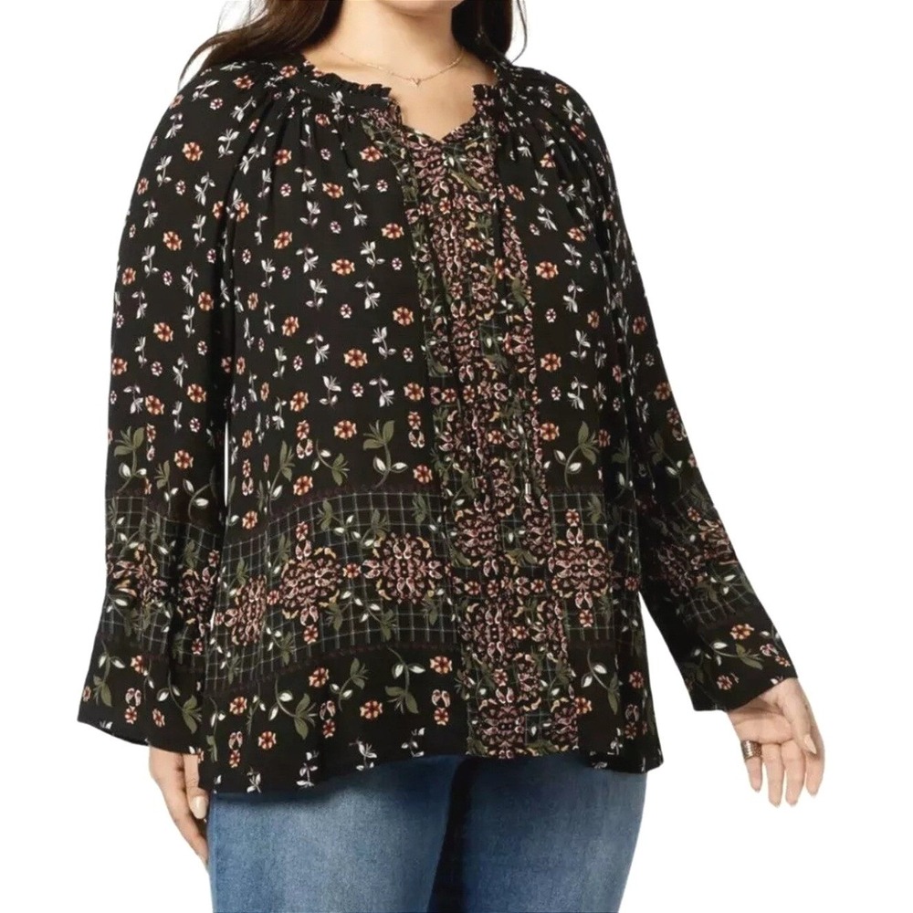 Style & Co Women Black Floral Print‎ Boho Ruffle Peasant Blouse 1X Cottagecore